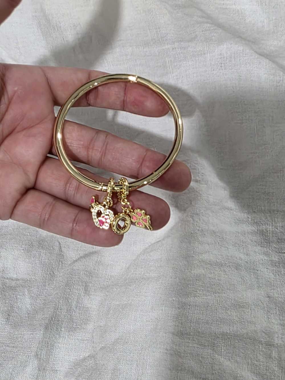 Gold Tone With Charm Bangle Bracelet - Pink Accents